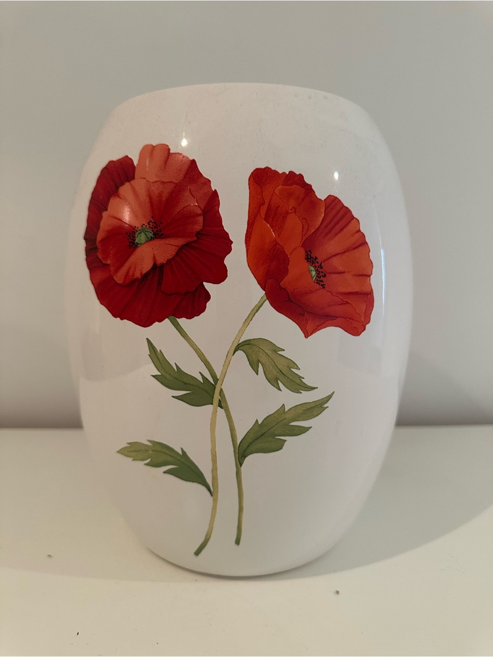 Bloom White Ceramic Vase with Red Poppy Motif Wastebasket